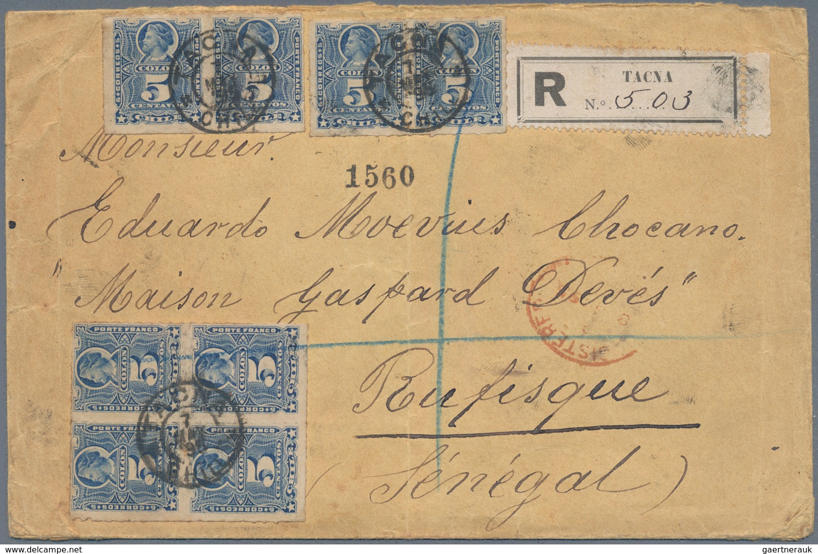 Chile: 1895: CHILE COVER SENT DURING THE OCCUPATION OF PERU TO SENEGAL. Rouletted 5c. Ultramarine, 8 - Chili