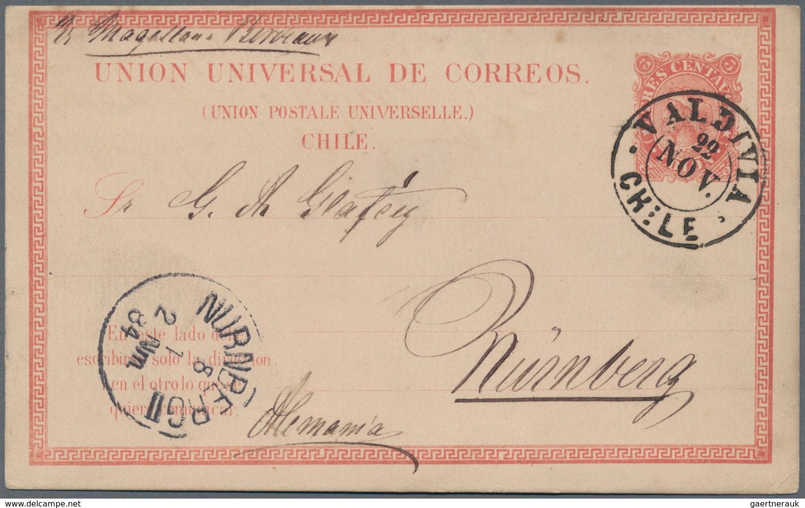 Chile - Ganzsachen: 1881 Postal Stationery Card 3c. Red Used From Valdivia To Nürnberg, Germany 'Via - Chili