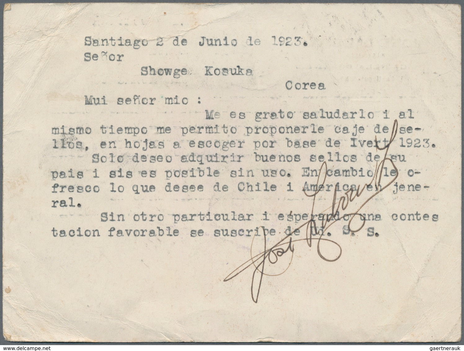 Chile - Besonderheiten: 1923/28, To Korea: Franked Card From Santiago With Transit "KEIJO" And Two C - Chili