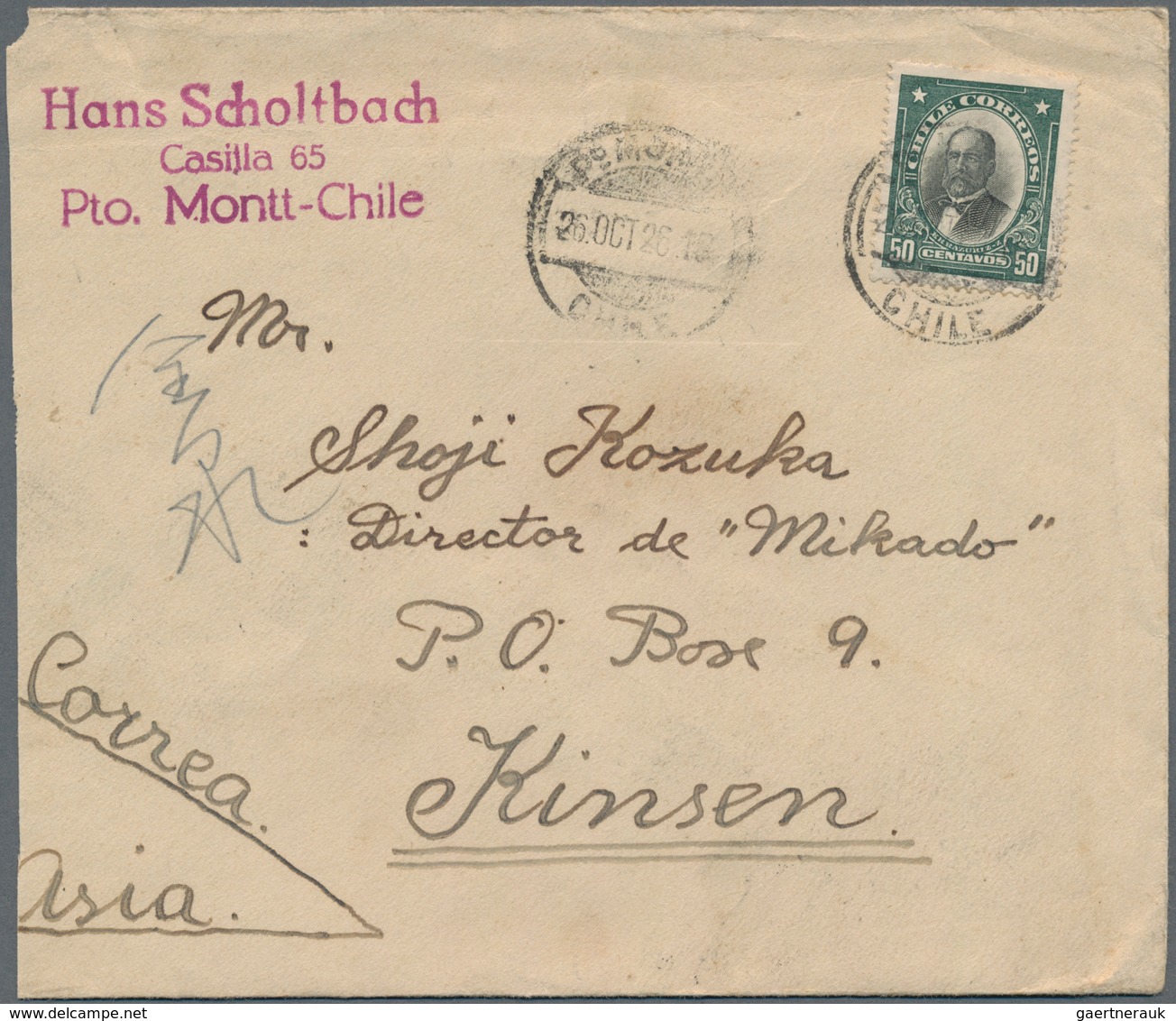 Chile - Besonderheiten: 1923/28, To Korea: Franked Card From Santiago With Transit "KEIJO" And Two C - Chili