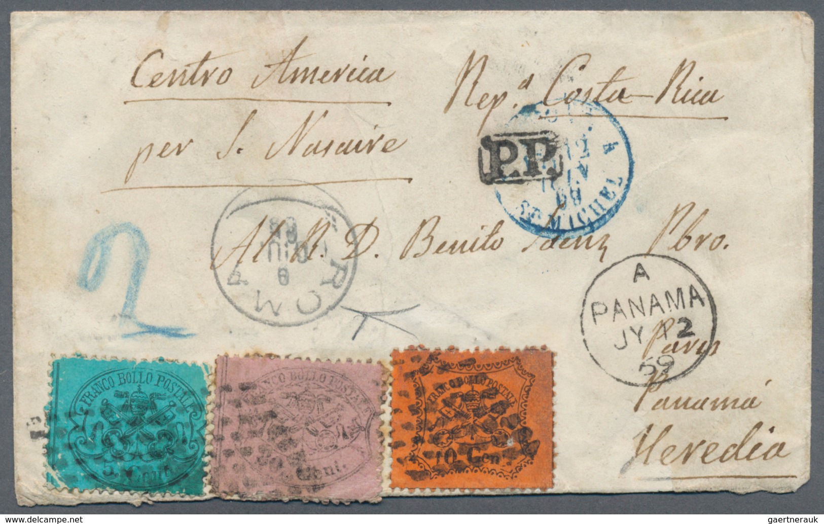 Costa Rica: 1869, III. Emission, 80 C Rose, 10 C Orange And 5 C Blue, Tied By The Dotted Papal Grill - Costa Rica