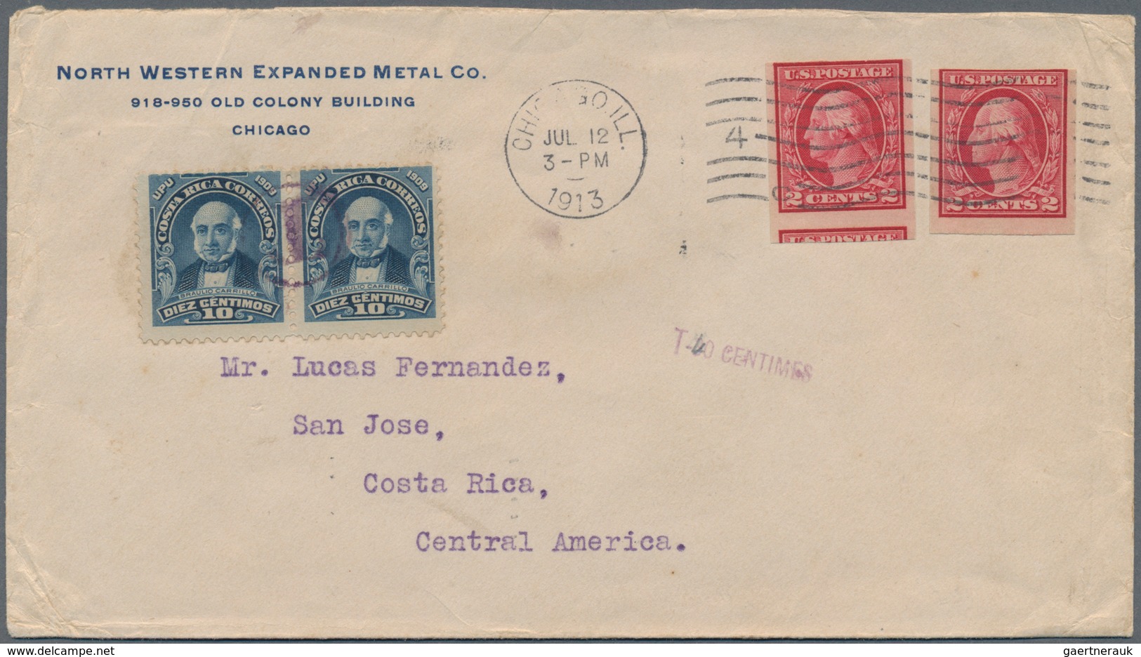 Costa Rica: 1913, USA 2x 2 C Carmine On Envelope Sent From "CHICAGO JUL 12 1913" Sent Via New Orlean - Costa Rica