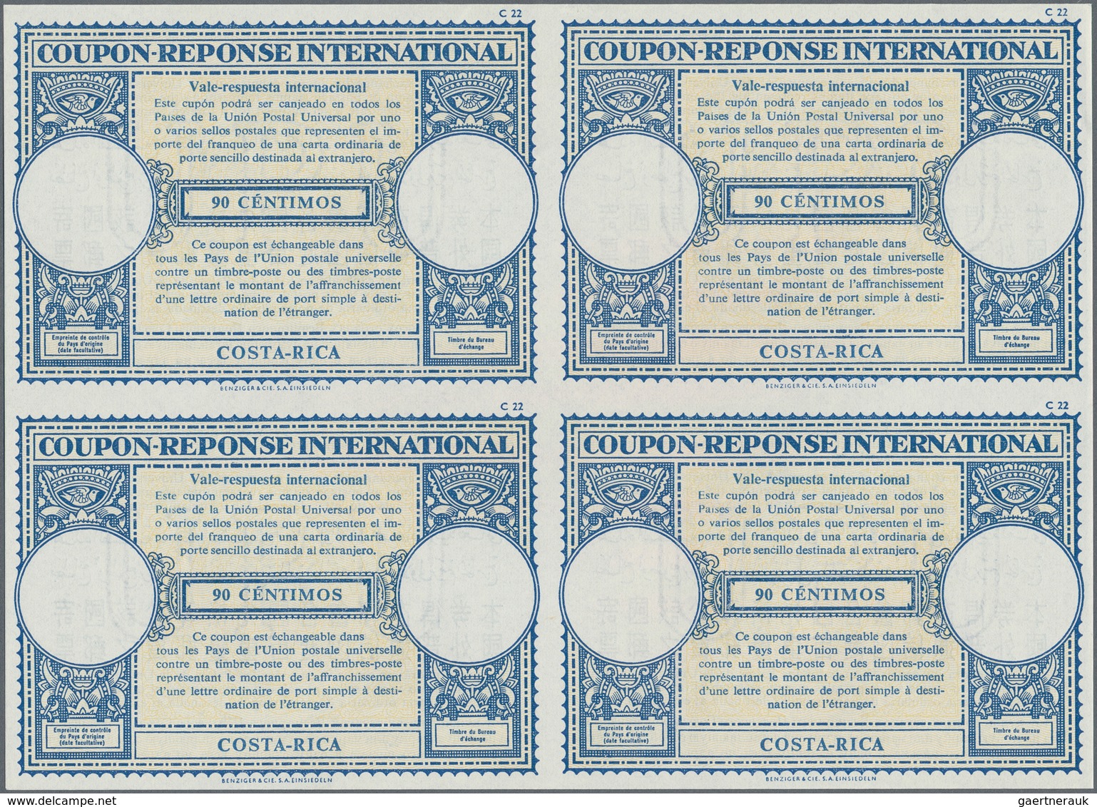 Costa Rica: 1961. International Reply Coupon 90 Centimos (London Type) In An Unused Block Of 4. Issu - Costa Rica