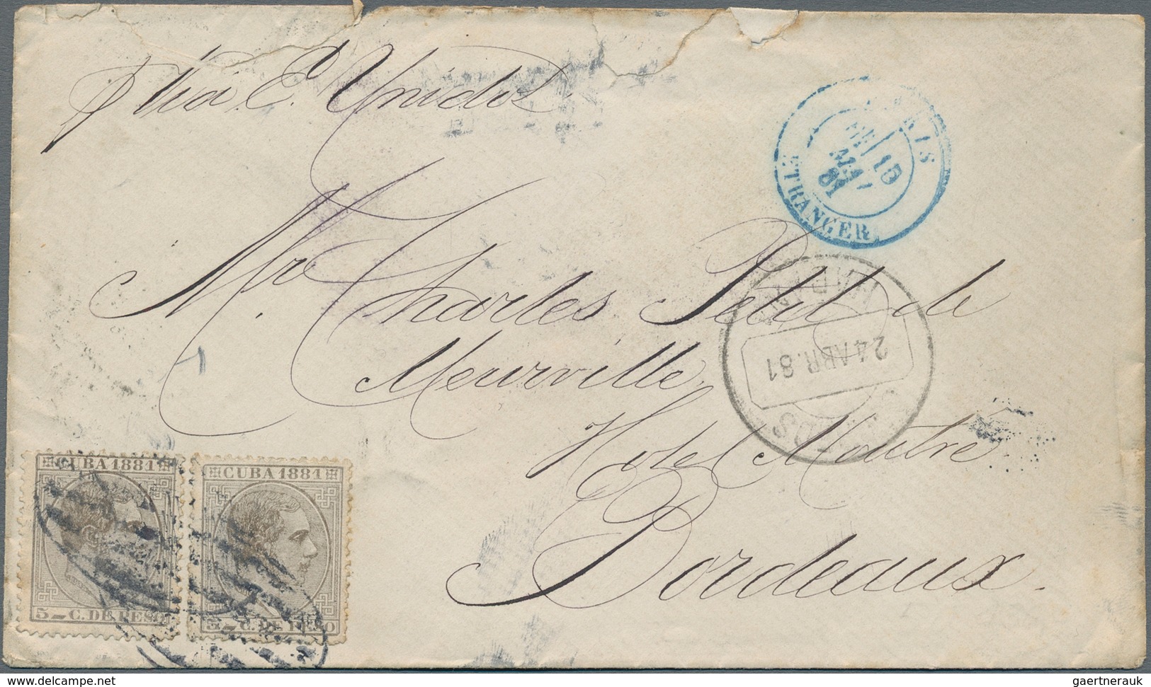 Cuba: 1881, Two Examples 5 C. King Alfons XII. On Envelope From HAVANNA Via New York To Bordeaux Wit - Otros & Sin Clasificación