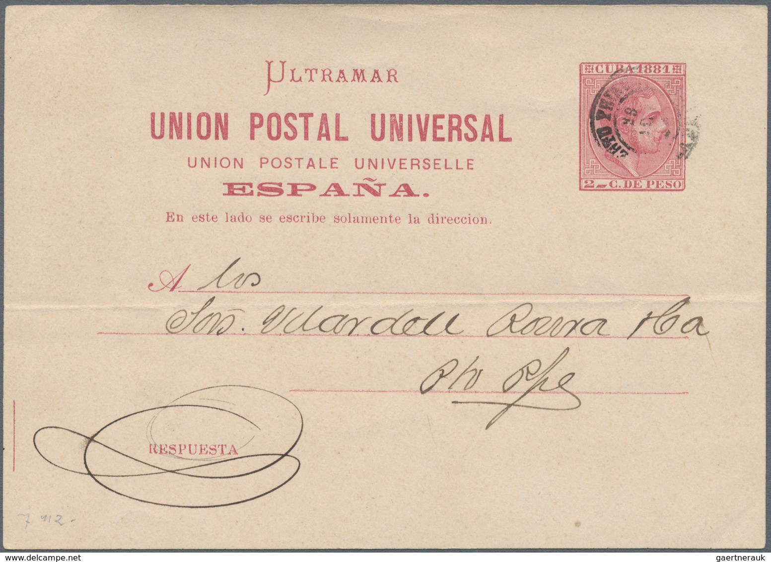 Cuba: 1881, 2 C. Reddish Brown Postal Stationery Card Reply Part Used, Tied By "PUERTO PRINCIPE" Cds - Other & Unclassified