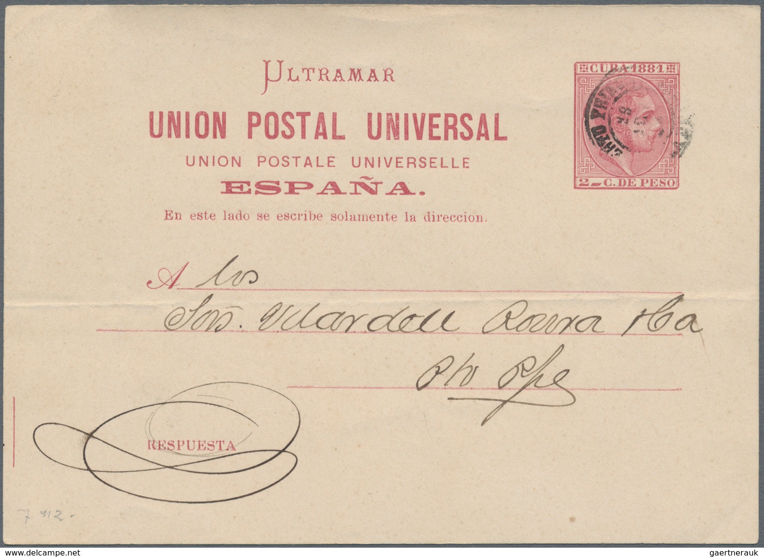 Cuba: 1881, 2 C. Reddish Brown Postal Stationery Card Reply Part Used, Tied By "PUERTO PRINCIPE" Cds - Andere & Zonder Classificatie
