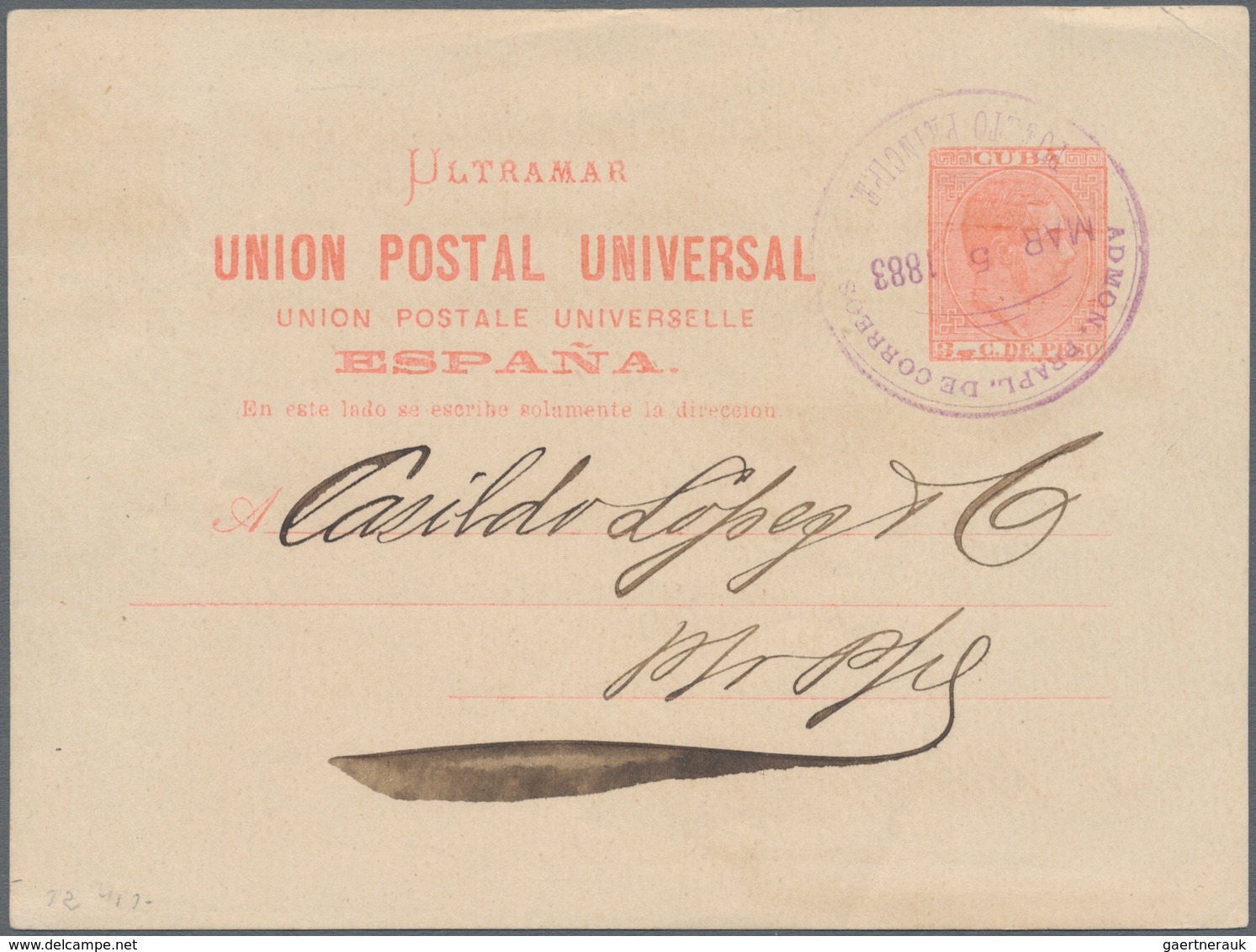 Cuba: 1883, 3 C. Vermilion Postal Stationery Card Written In Nuevitas Tied By Violet "ADMON PRAPL DE - Other & Unclassified