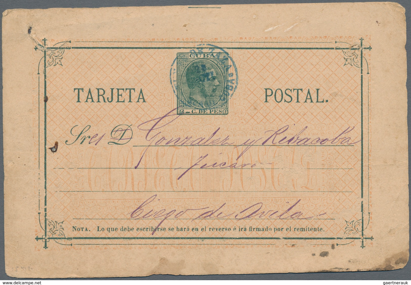 Cuba: 1886, 2 C. Green On Buff Postal Stationery Card Tied By Blue "...DE ZAZA CUBA" Cds. To Ciego D - Other & Unclassified