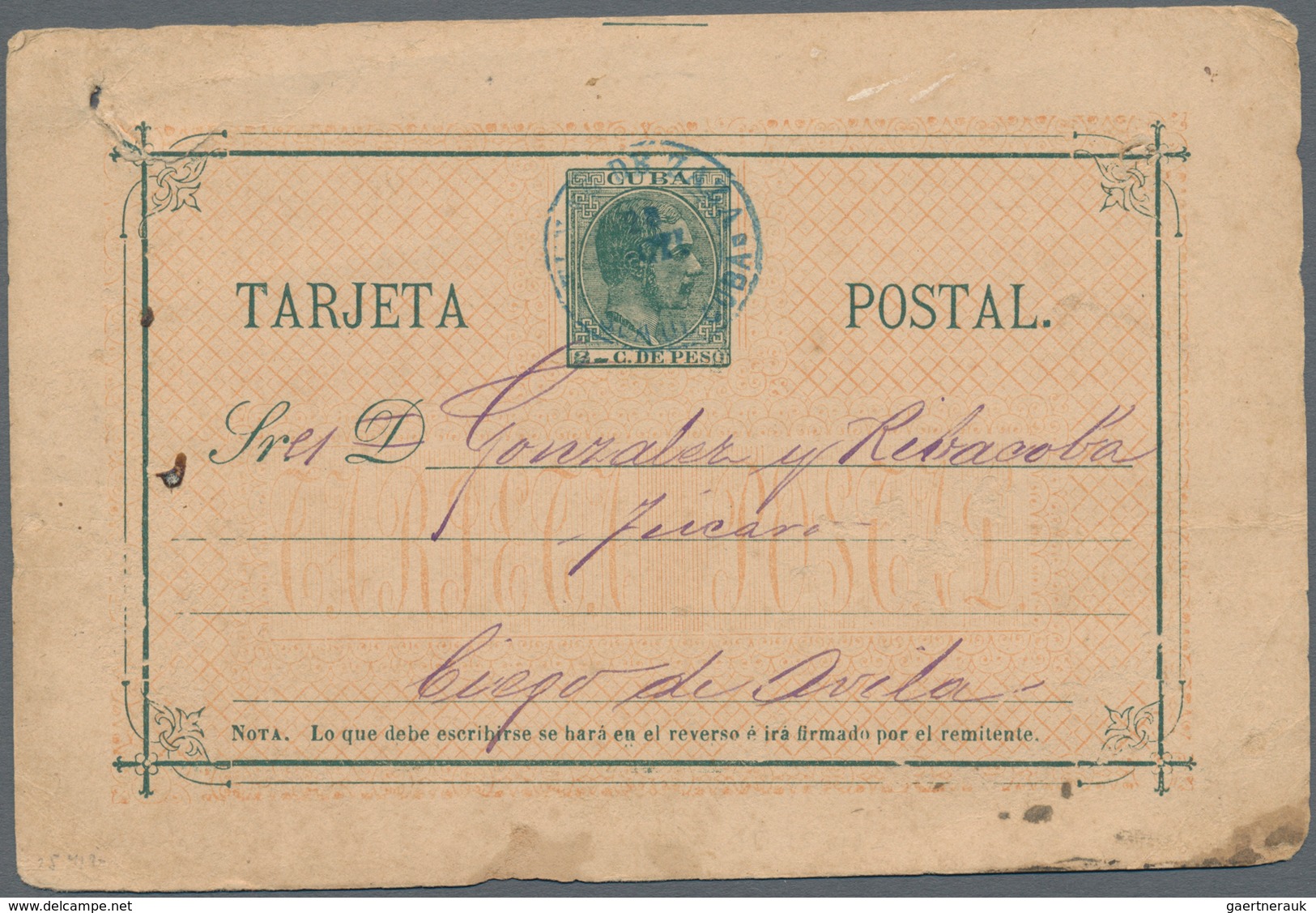 Cuba: 1886, 2 C. Green On Buff Postal Stationery Card Tied By Blue "...DE ZAZA CUBA" Cds. To Ciego D - Andere & Zonder Classificatie