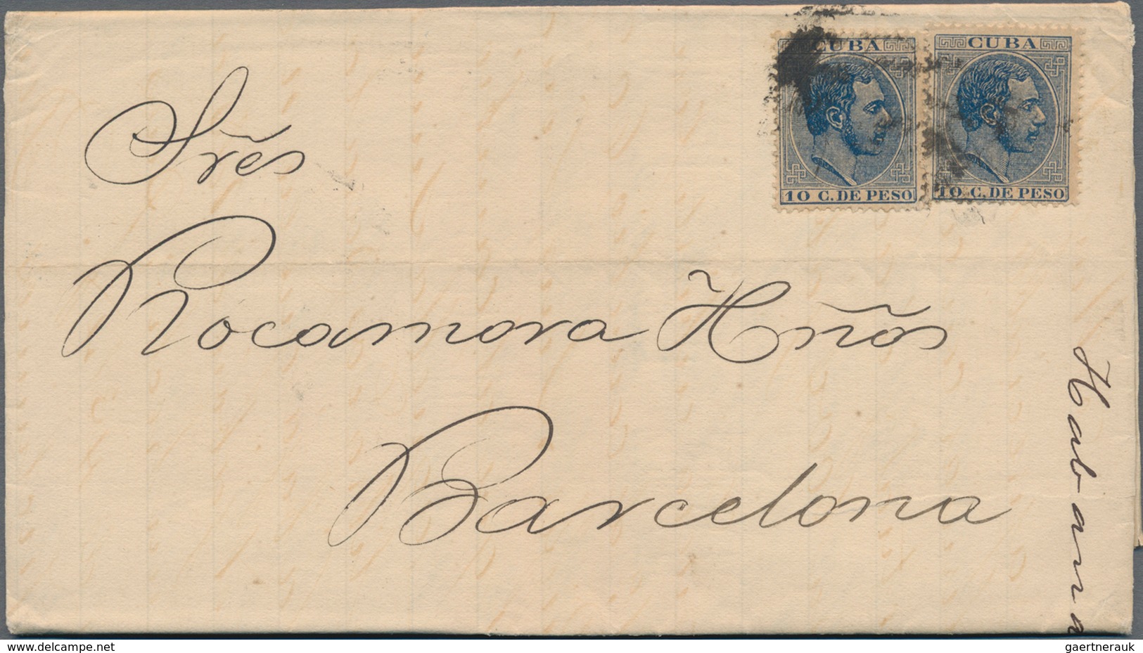 Cuba: 1888, 10 C. King Alfons XII. Blue, Two Copies On Folded Letter From HAVANNA To Barcelona (arii - Sonstige & Ohne Zuordnung