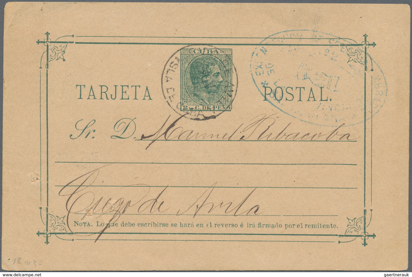 Cuba: 1889, 2 C. Green On Buff Postal Stationery Card Written In Cienfuegos Tied By "Ciego De Avida - Andere & Zonder Classificatie