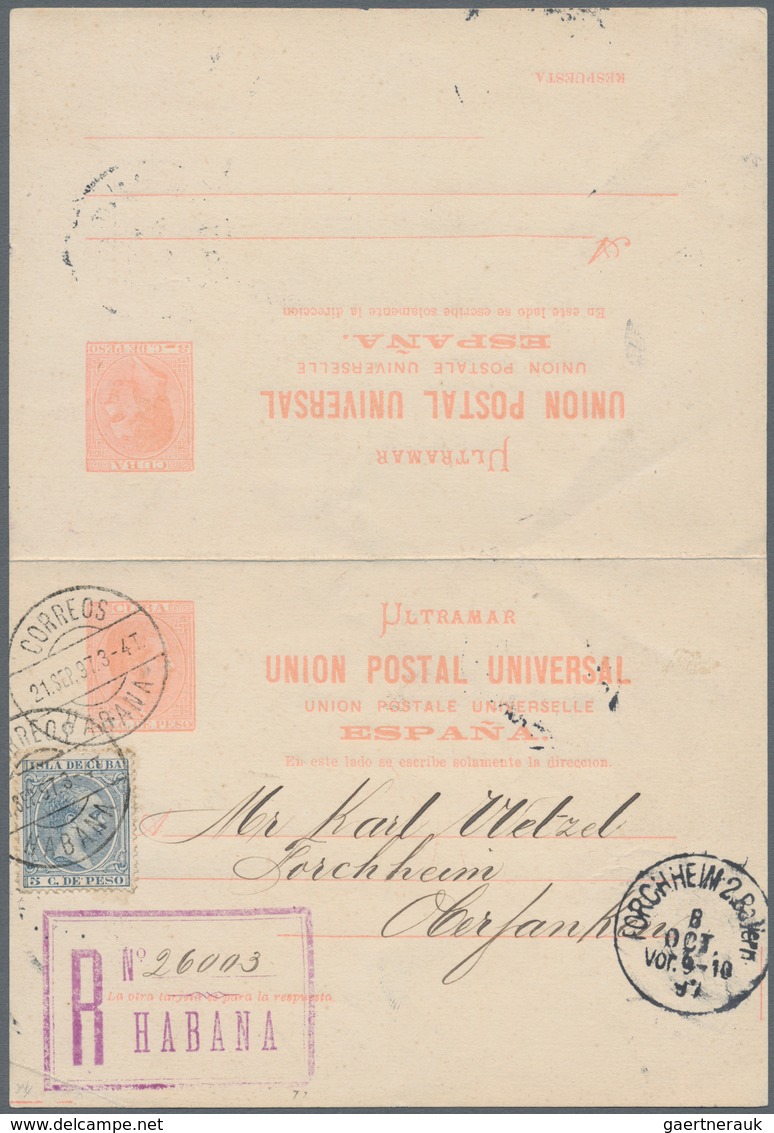 Cuba: 1897, 3 C. + 3 C. Salmon Postal Stationery Complete Reply Card Used Uprated With 3 C. Blue (ti - Other & Unclassified