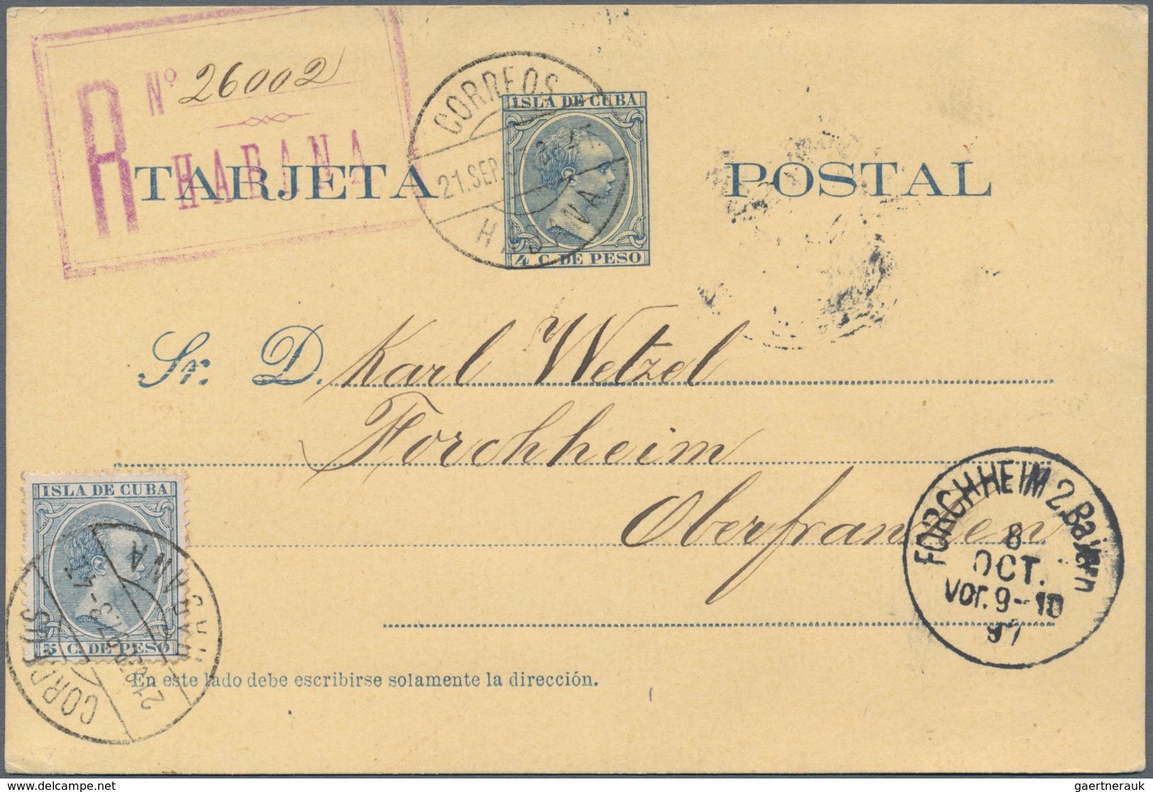 Cuba: 1897, 4 C. Dark Blue On Yellow Postal Stationery Card Used Uprated With 3 C. Blue To Germany A - Other & Unclassified