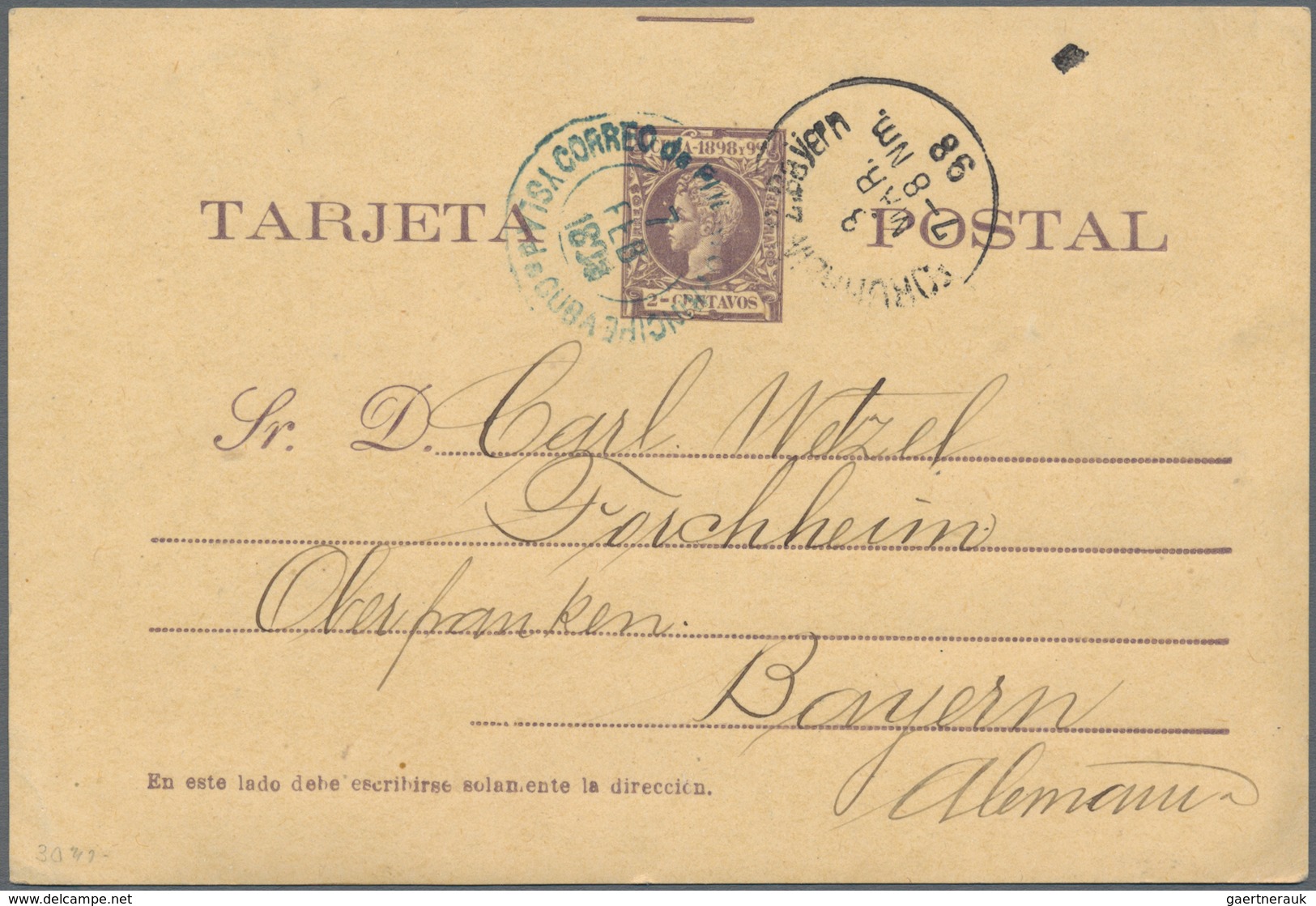 Cuba: 1898, 2 C. Violet Postal Stationery Card Tied By Blue "CORREOS DE PUERTO PRINCIPE YSLA DE CUBA - Other & Unclassified