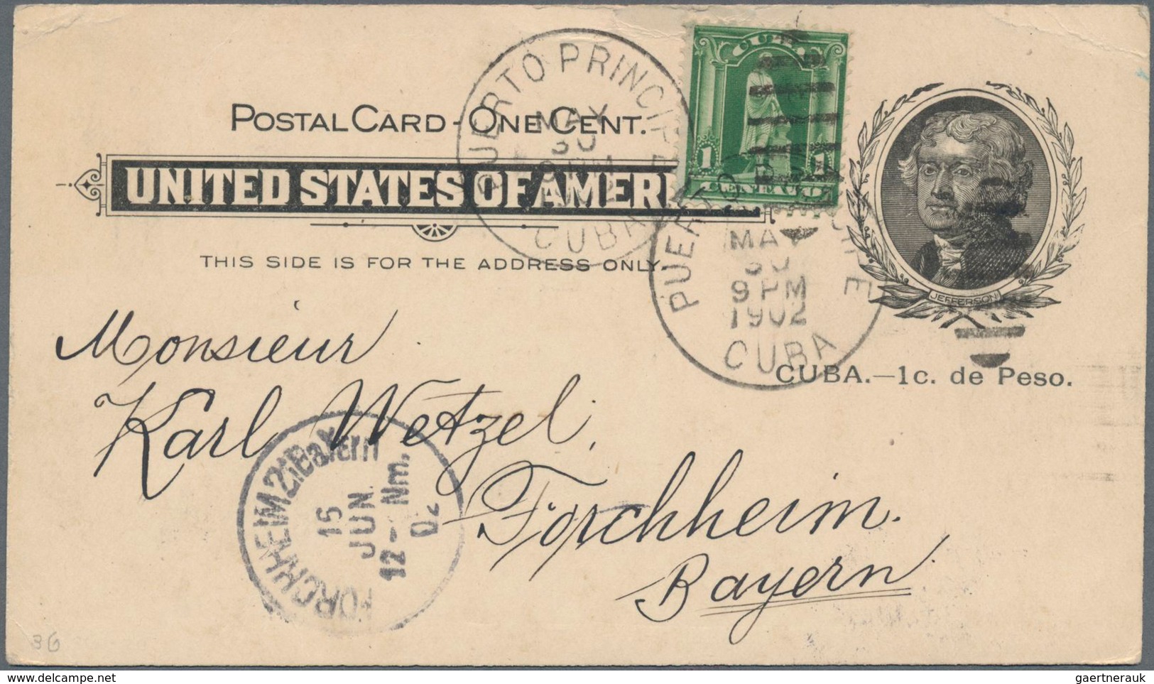 Cuba: 1902-06, Spanish American War : USA Jefferson 1c. Black Postal Stationery Card Uprated With 1c - Andere & Zonder Classificatie