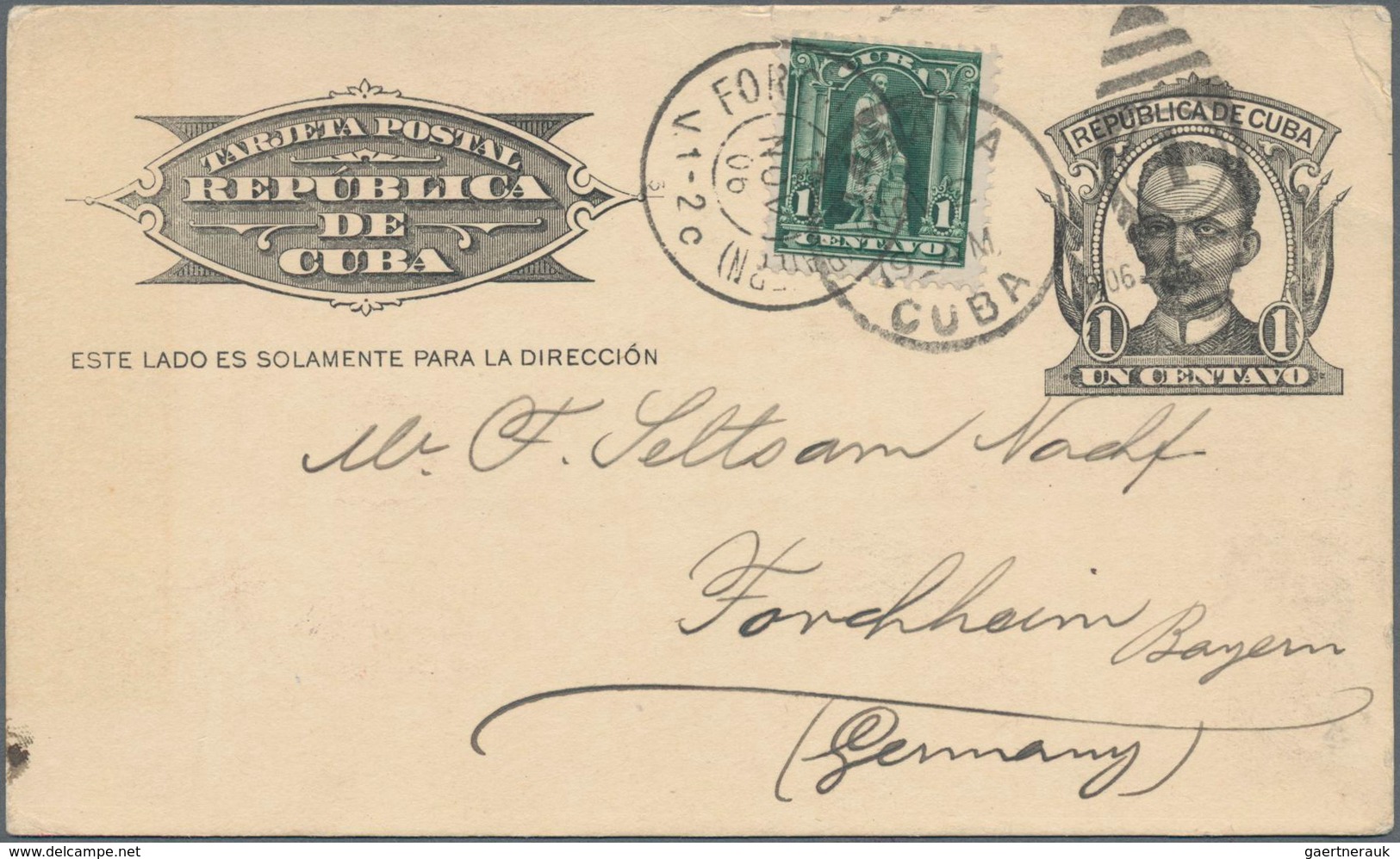 Cuba: 1902-06, Spanish American War : USA Jefferson 1c. Black Postal Stationery Card Uprated With 1c - Other & Unclassified