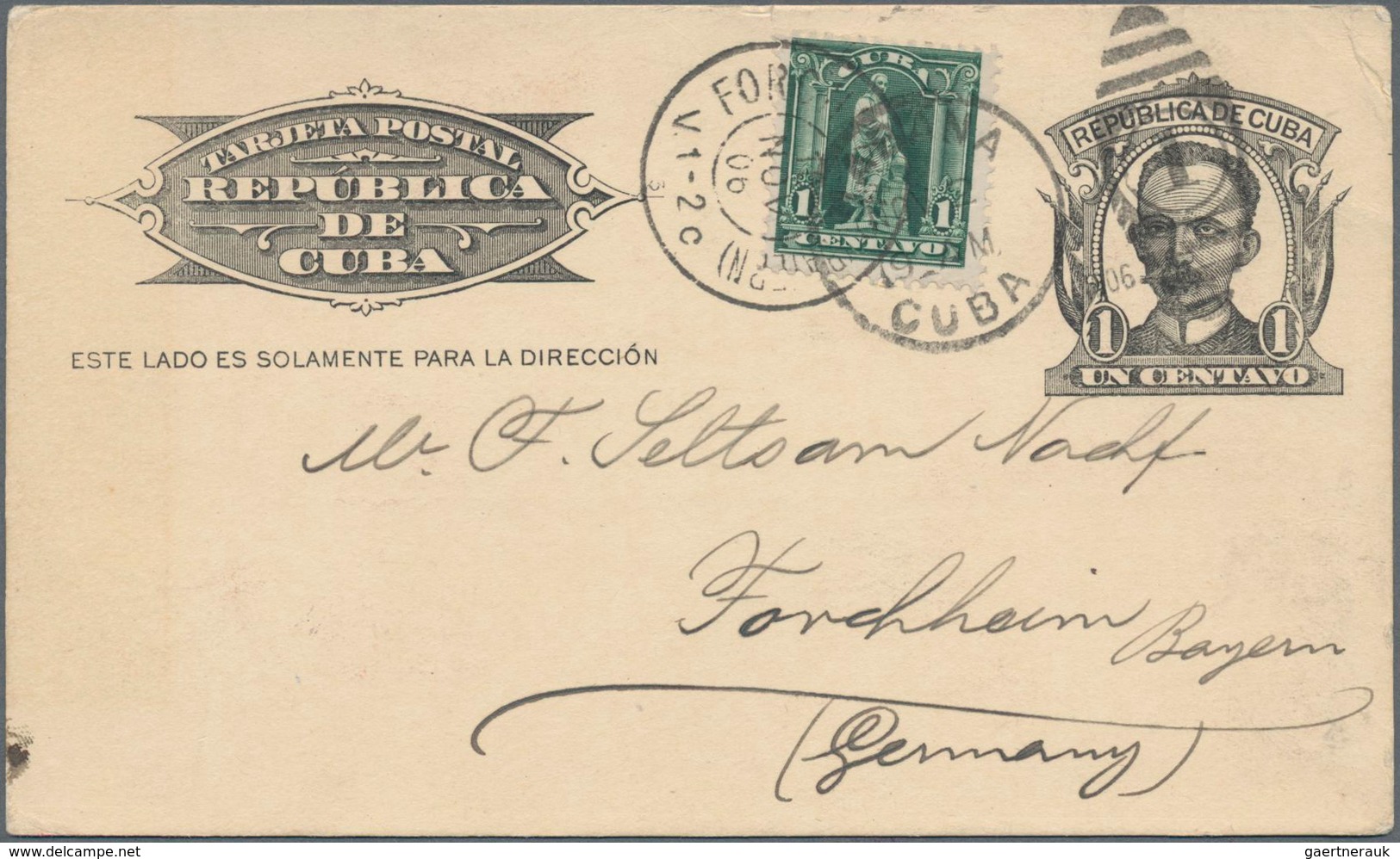 Cuba: 1902-06, Spanish American War : USA Jefferson 1c. Black Postal Stationery Card Uprated With 1c - Andere & Zonder Classificatie