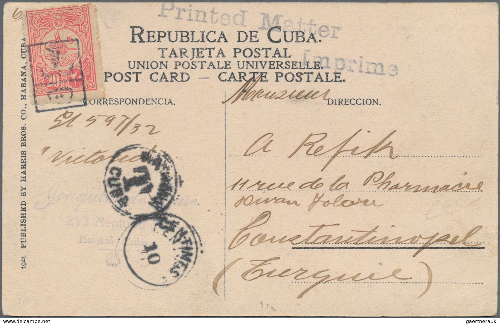 Cuba: 1912, Postcard From Habana To Turkey Bearing 1c. Green On Front And "HABANA CUBA "T" CENTIMES - Andere & Zonder Classificatie