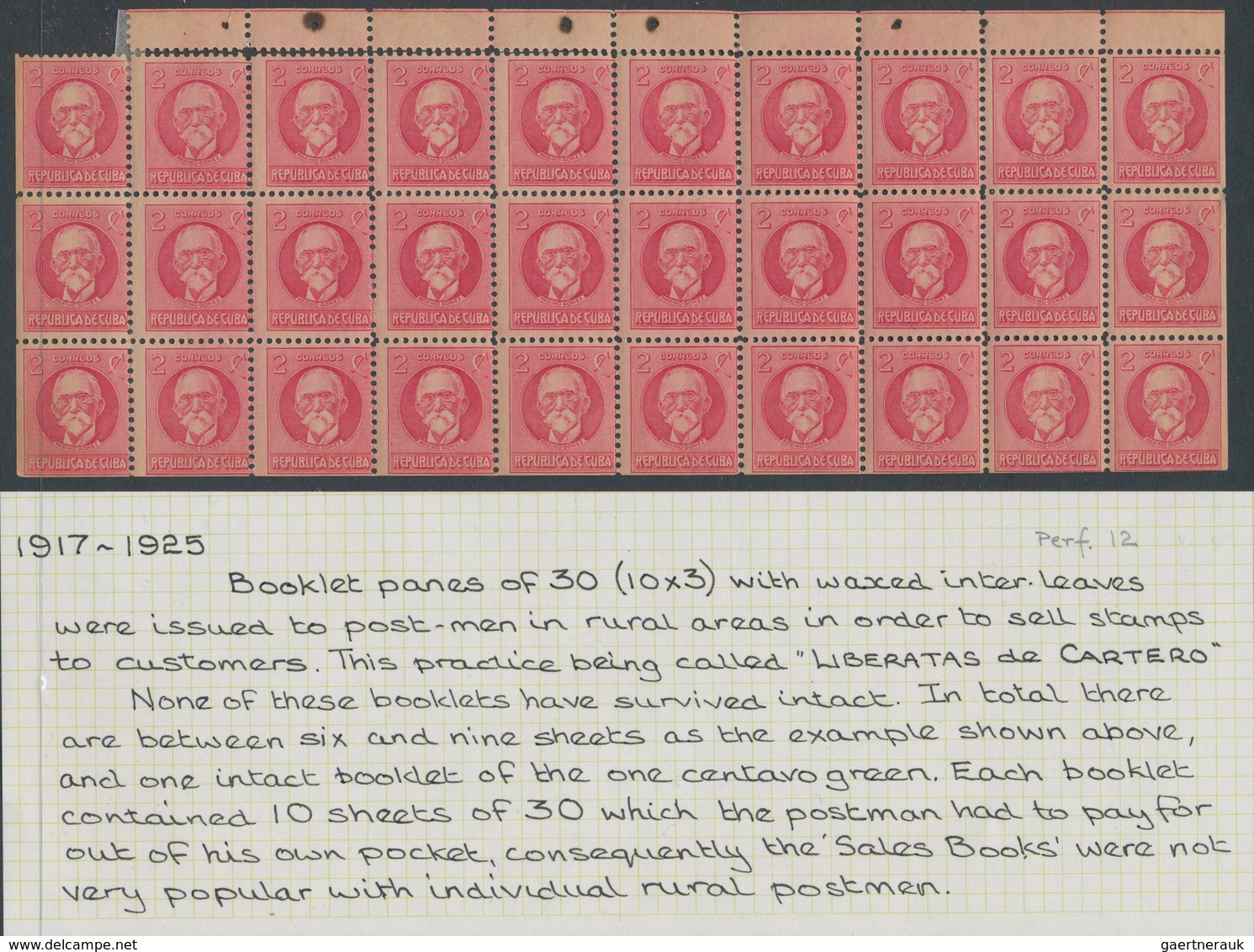 Cuba: 1917/1925, 2 Cent Gomes In Booklet Pane Of 30 From Provisional Booklets Used In Rural Areas. S - Other & Unclassified