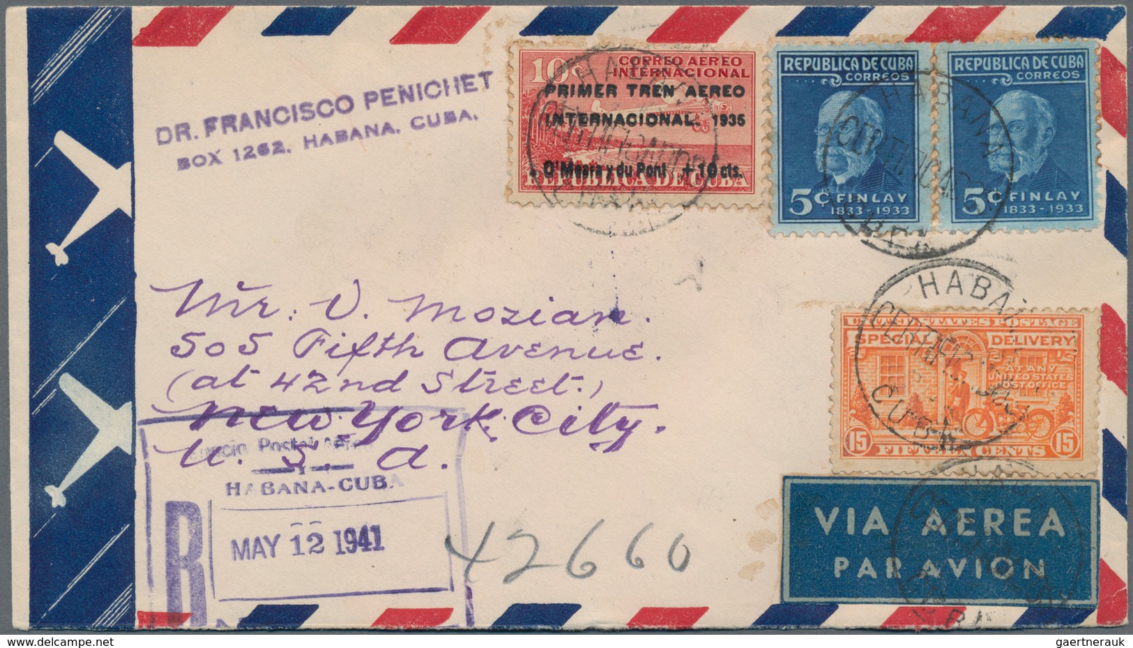 Cuba: 1941, Airmail Letter Franked With Pair 5 C. And 10 C Airmail Stamp With Double Overprint Sent - Autres & Non Classés