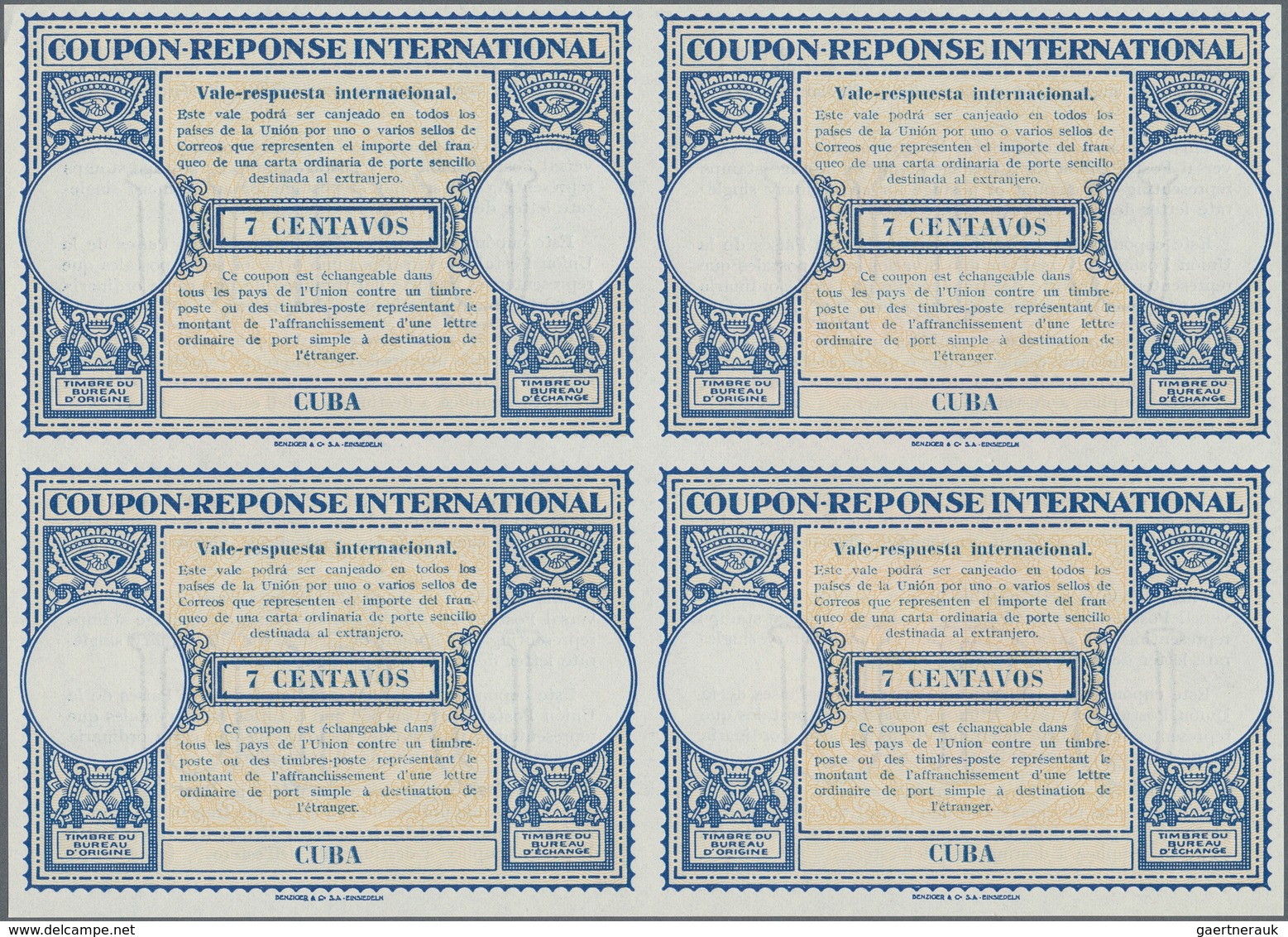 Cuba: 1947. International Reply Coupon 7 Centavos (London Type) In An Unused Block Of 4. Issued Marc - Other & Unclassified