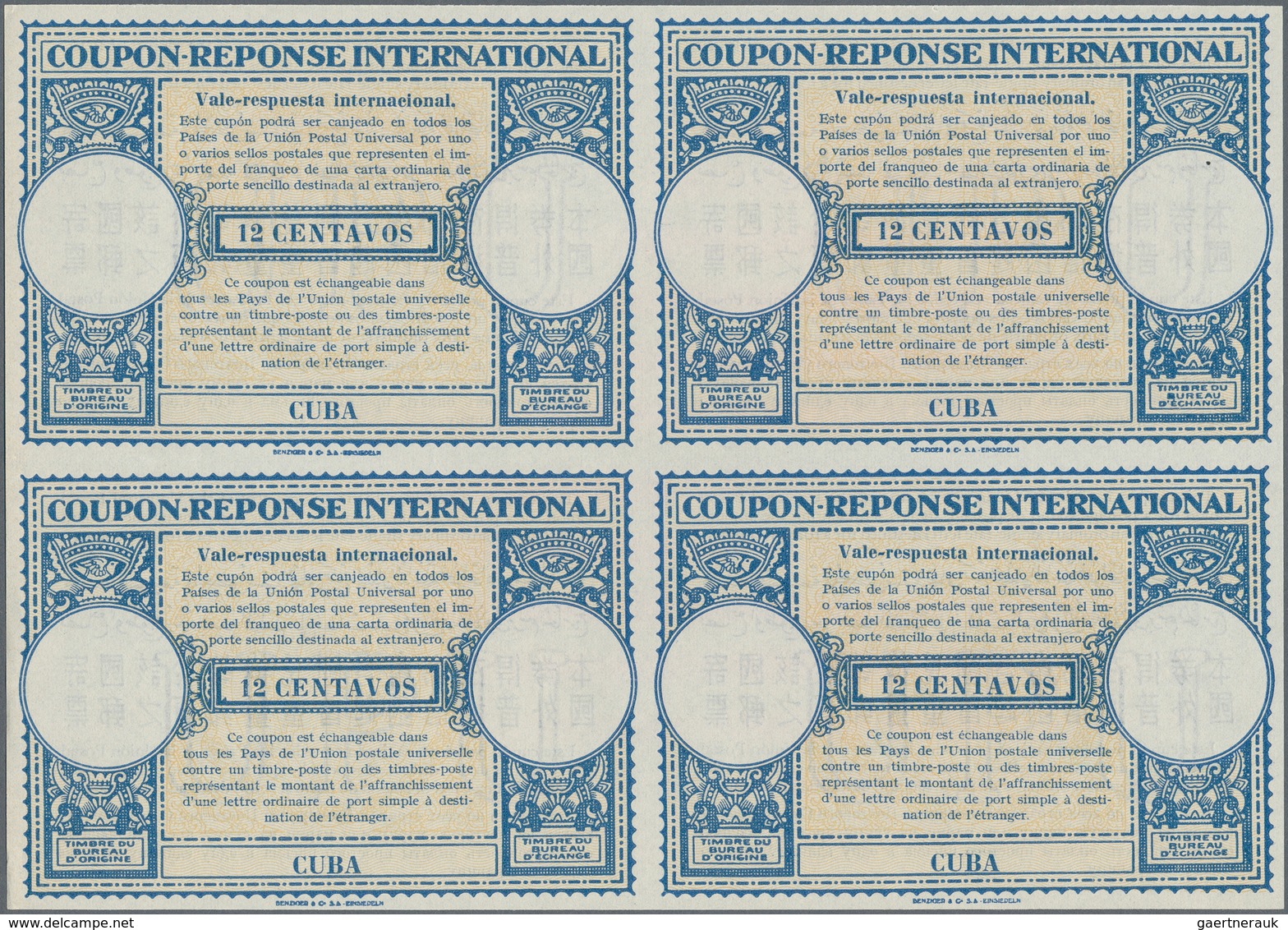 Cuba: 1951. International Reply Coupon 12 Centavos (London Type) In An Unused Block Of 4. Issued Nov - Altri & Non Classificati