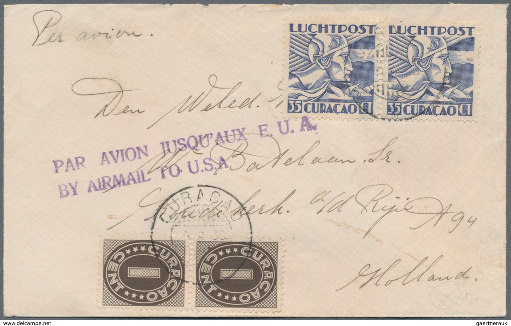 Curacao: 1936/1939. Two Airmail Covers, First 1936 To The Nedelands, Franked With A Pair Of The Grey - Curazao, Antillas Holandesas, Aruba