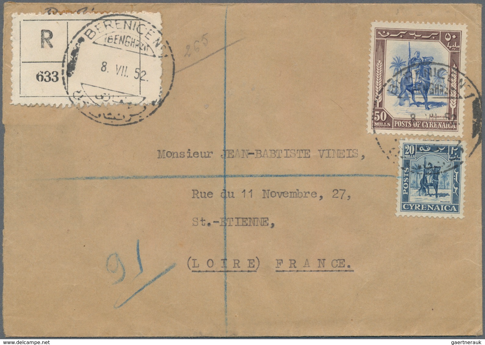 Cyrenaica: 1952, 50 M Brown/ultramarine And 20 M Dark Blue On Registered Letter From BERENICE To Fra - Cirenaica