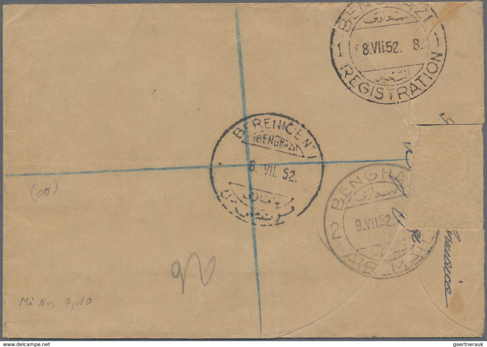 Cyrenaica: 1952, 50 M Brown/ultramarine And 20 M Dark Blue On Registered Letter From BERENICE To Fra - Cirenaica