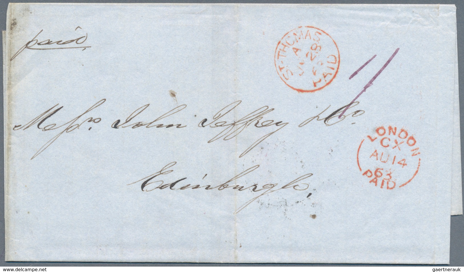 Dänisch-Westindien: 1863, "ST. THOMAS PAID" Red Circle Postmark On Folded Letter Via London (red "Lo - Dinamarca (Antillas)