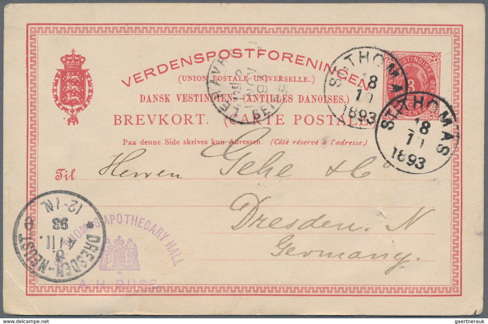 Dänisch-Westindien: 1893/1914 Three Postal Stationery Cards Sent From St. Thomas To Dresden, Germany - Deens West-Indië