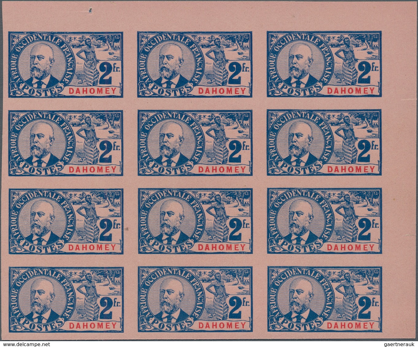 Dahomey: 1906/1907, Definitives, 2fr. Blue/red On Rose, Imperforate Essay, Marginal Block Of Twelve. - Benin – Dahomey (1960-...)