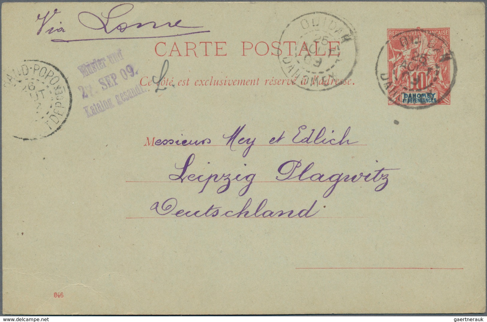 Dahomey: 1909 Postal Stationery Card With Imprint 046 Commercially Used From Ouidah Via Grand-Popo T - Benin - Dahomey (1960-...)