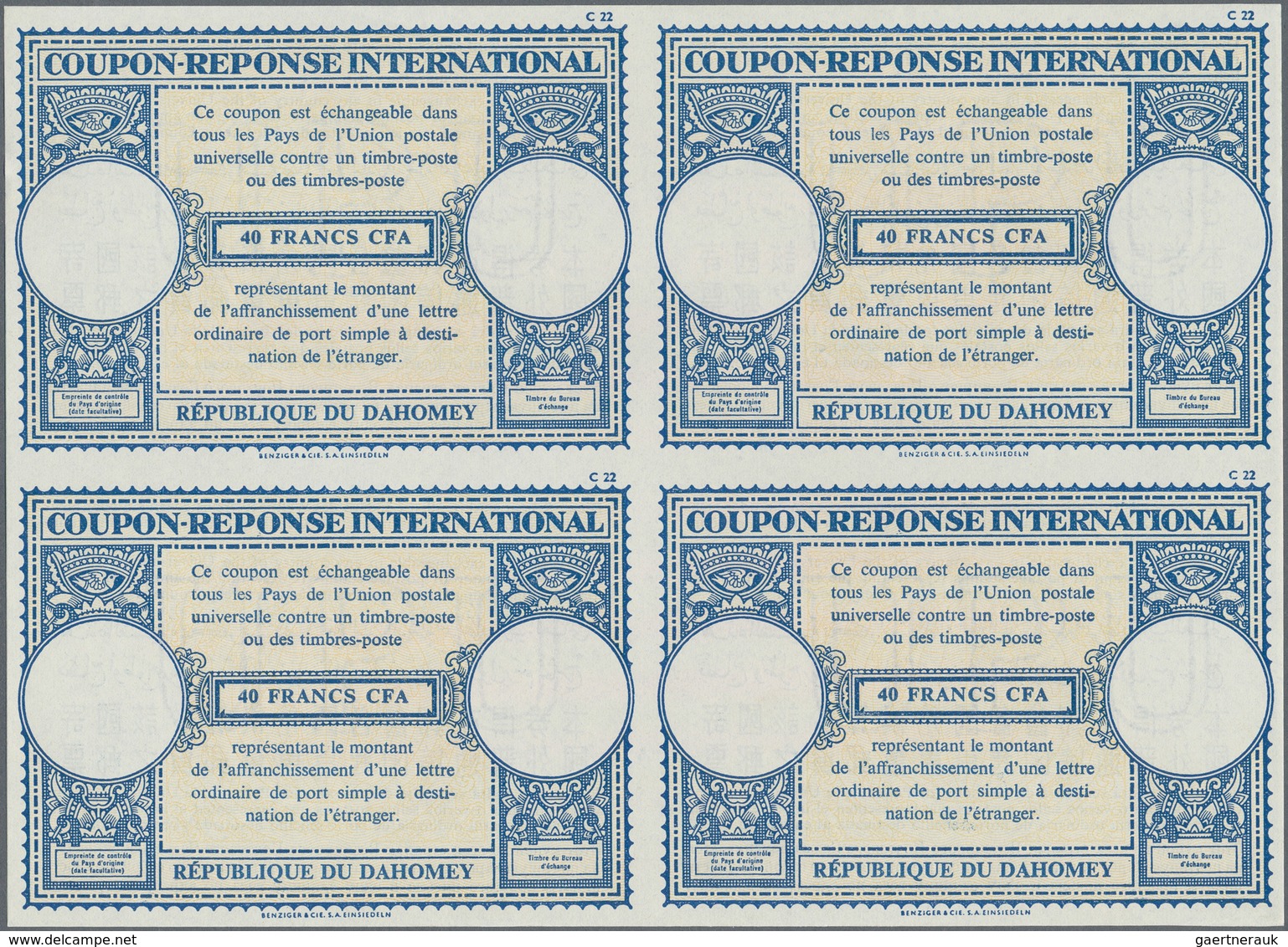 Dahomey: 1961. International Reply Coupon 40 Francs CFA (London Type) In An Unused Block Of 4. Issue - Benin - Dahomey (1960-...)