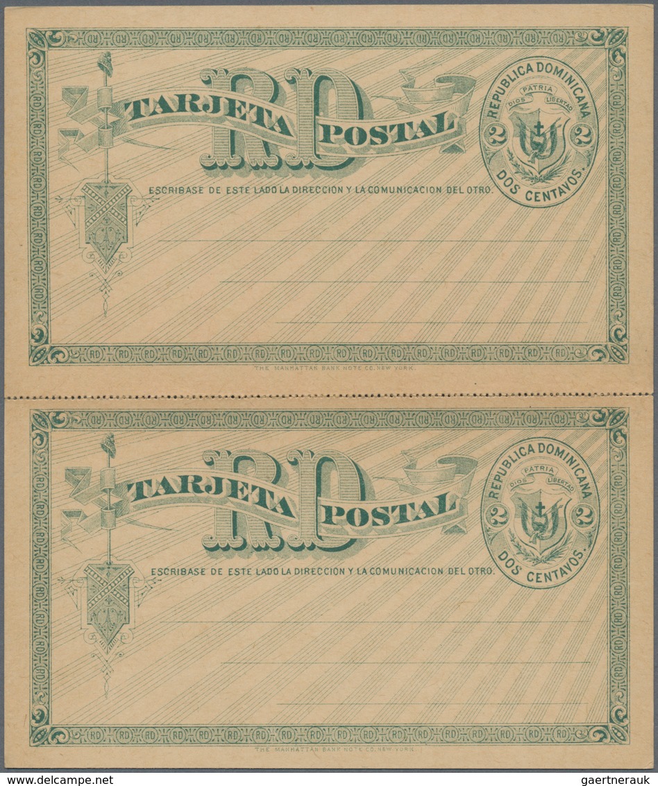 Dominikanische Republik: 1881 Vertical Pair Of Unused Postal Stationery Card 2 Centavos Green On Buf - Dominicaanse Republiek