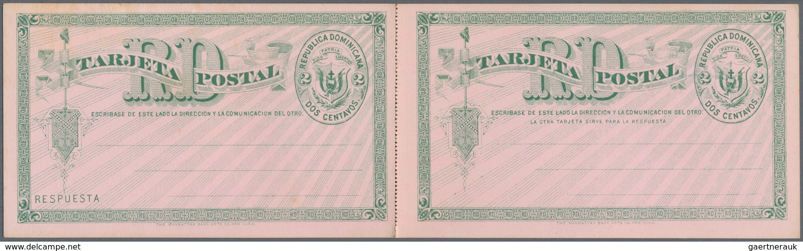 Dominikanische Republik: 1881 Two Unused Postal Stationery Cards 2 Centavos Green On Pink, Doublecar - Dominican Republic