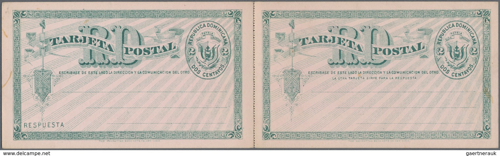 Dominikanische Republik: 1881 Two Unused Postal Stationery Cards 2 Centavos Green On Pink, Doublecar - Dominican Republic