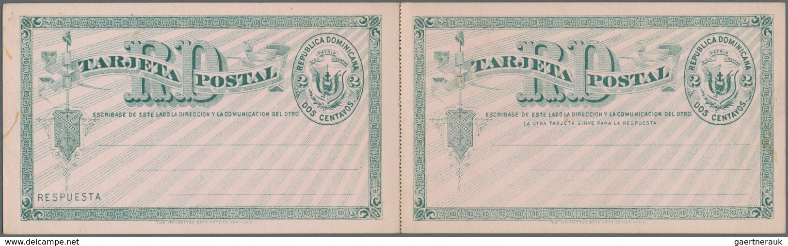 Dominikanische Republik: 1881 Two Unused Postal Stationery Cards 2 Centavos Green On Pink, Doublecar - Dominicaanse Republiek