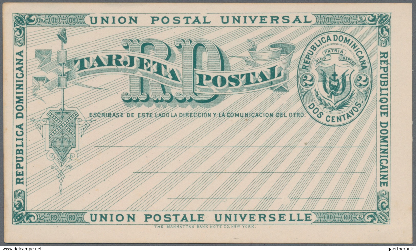 Dominikanische Republik: 1881 Two Unused Postal Stationery Cards 2 Centavos Green On White, One Card - Dominican Republic