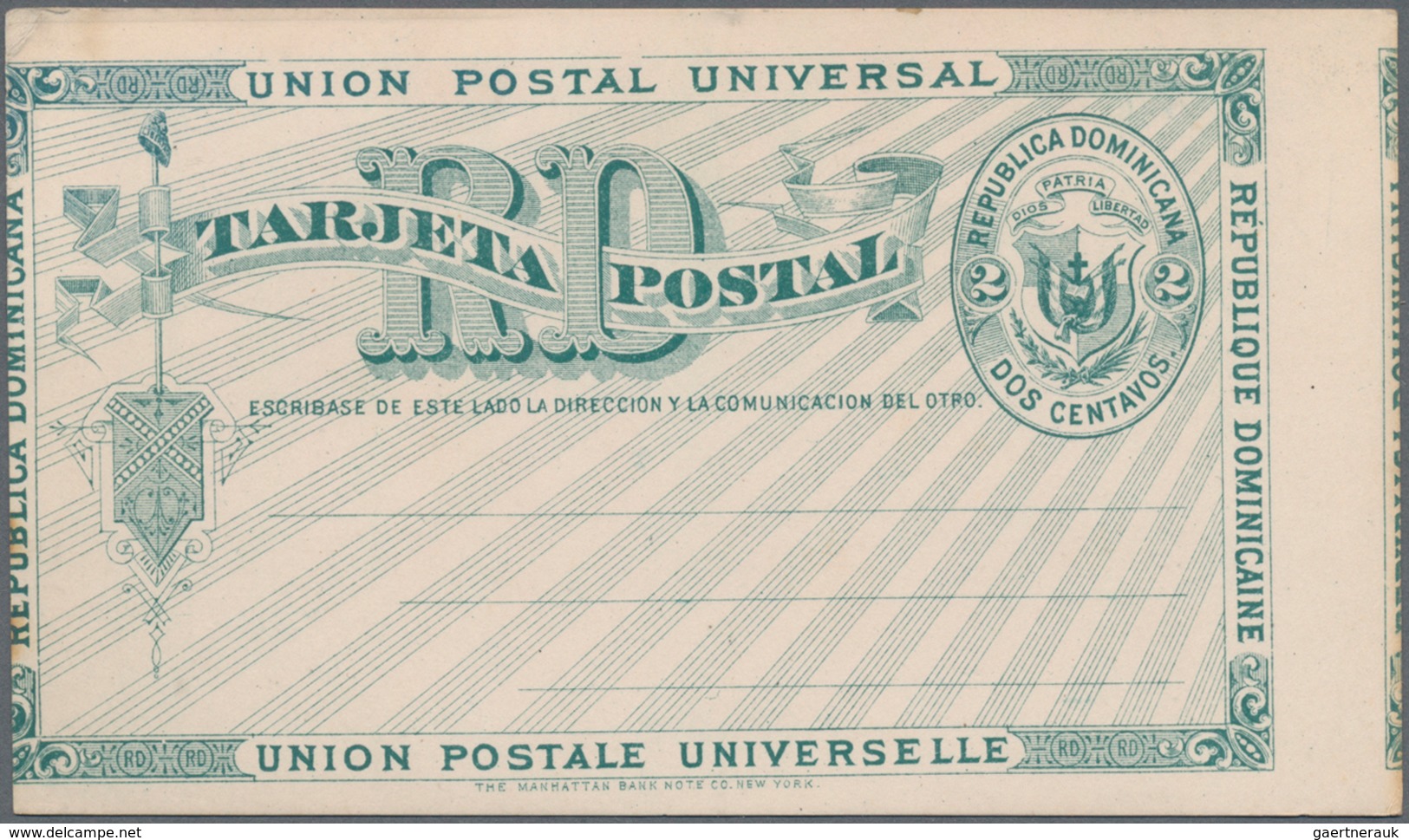 Dominikanische Republik: 1881 Two Unused Postal Stationery Cards 2 Centavos Green On White, One Card - Dominikanische Rep.