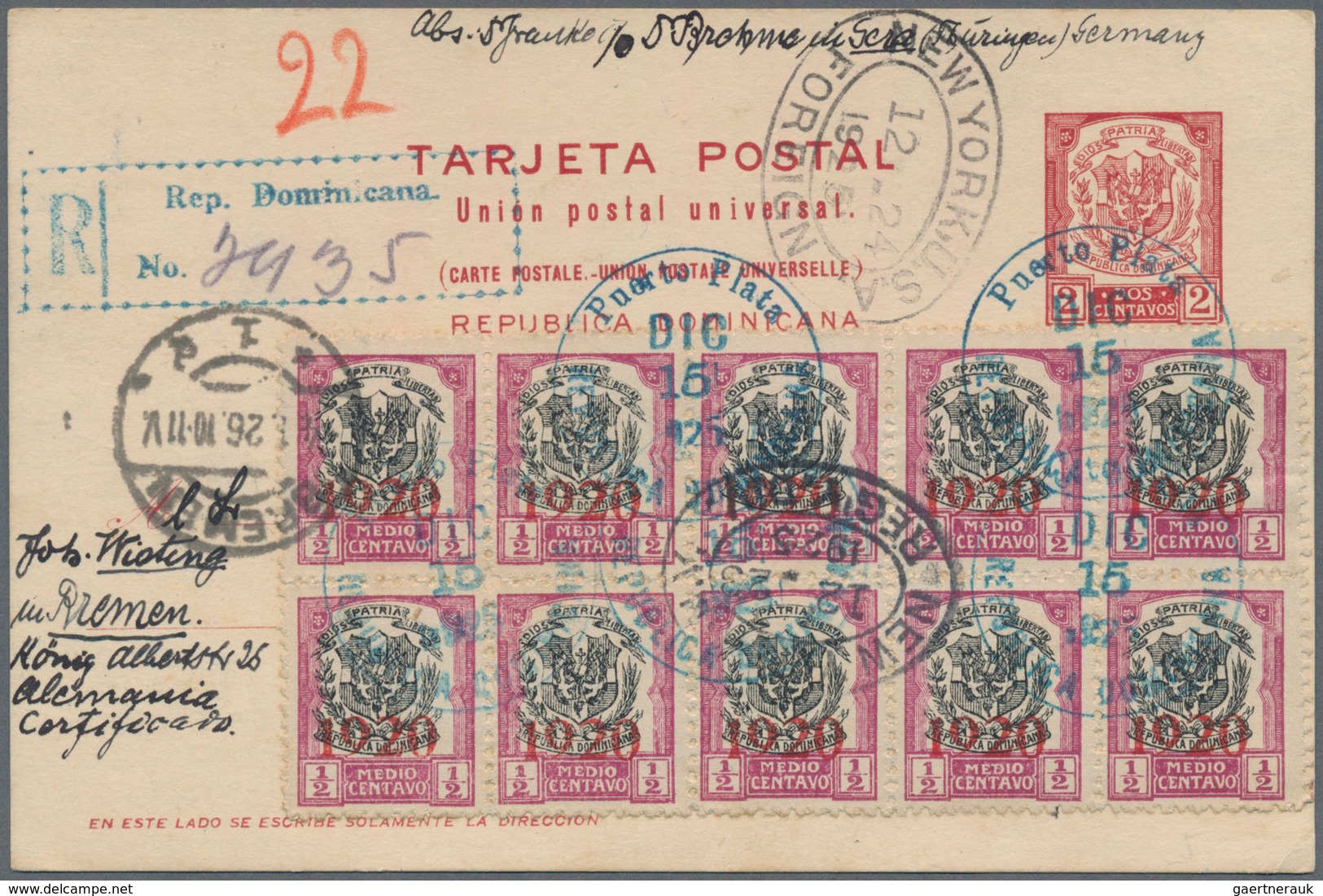 Dominikanische Republik: 1920, 2 C Carmine Postal Stationery Card, Uprated With Block Of Ten 1/2 C L - Dominikanische Rep.