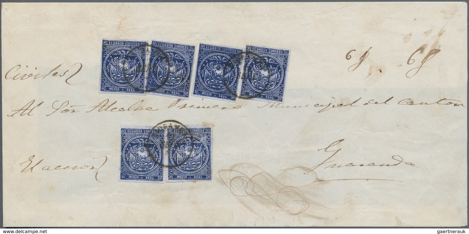 Ecuador: 1865 SIX Singles Of ½r. Deep Blue On Bluish Paper, Used On Large Part Cover (front And Part - Ecuador