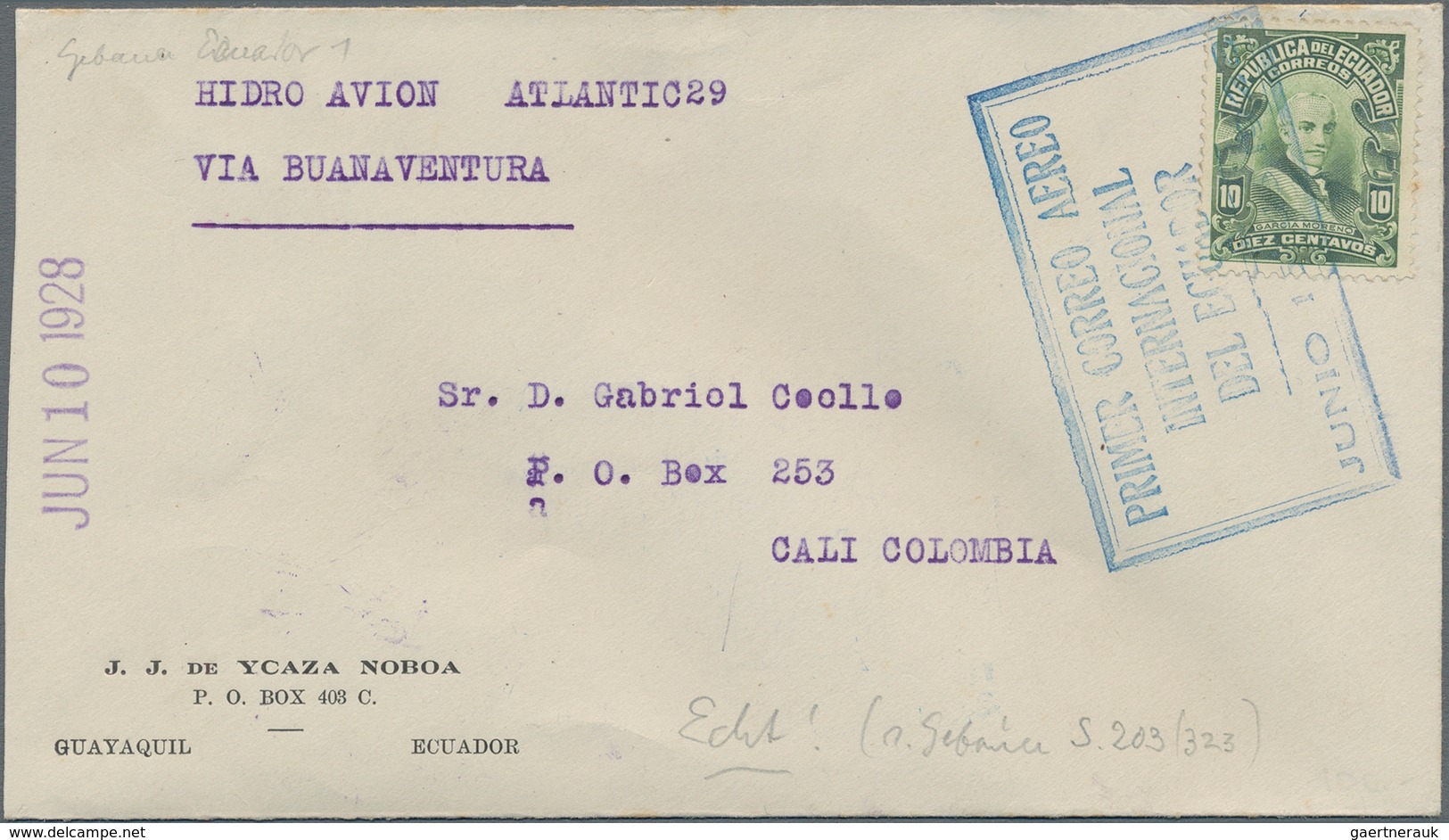 Ecuador: 1928, 10 C Green On Letter "Experimental Flight Atlantic29" From Guayaquil Via Buanaventura - Ecuador