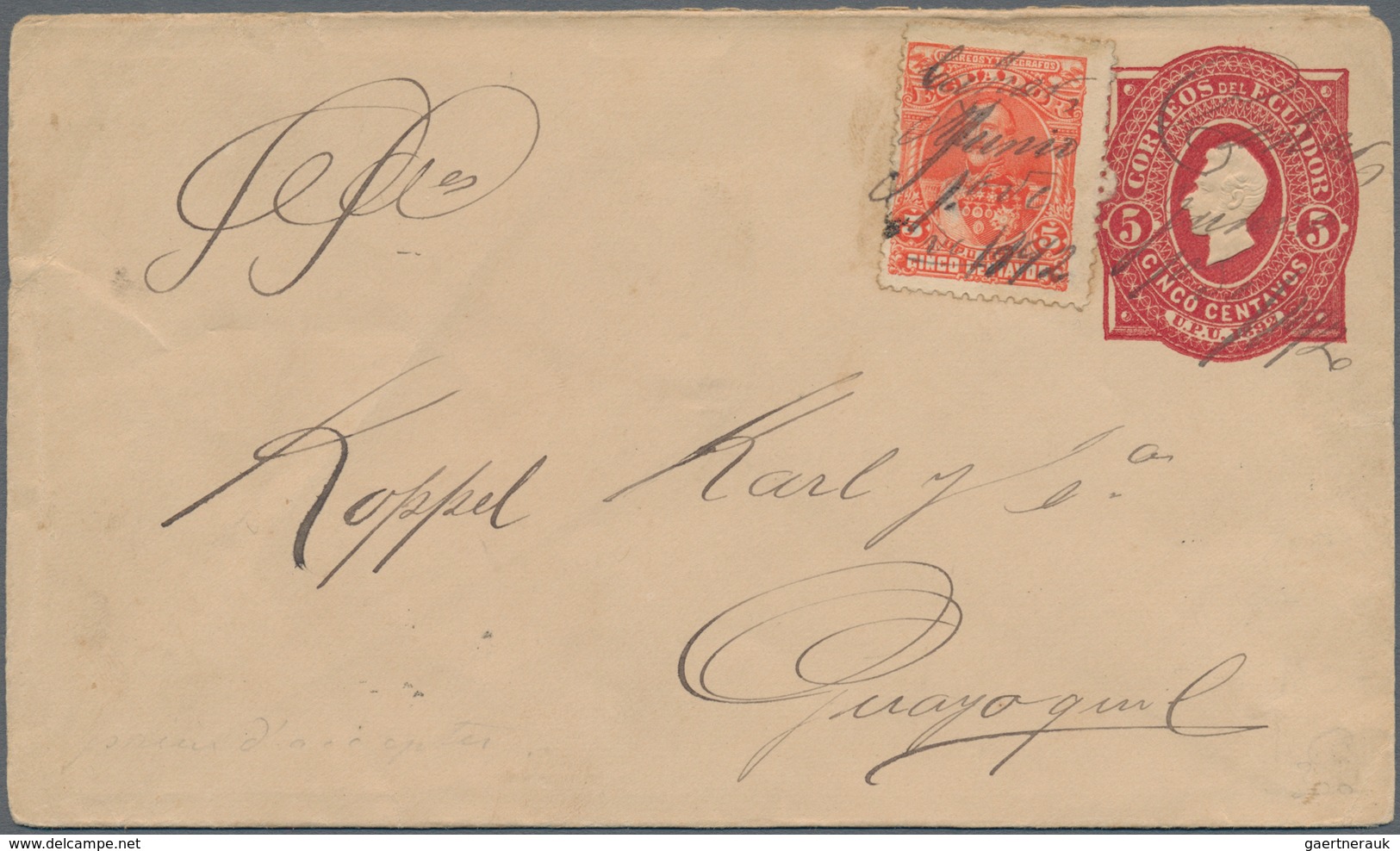 Ecuador - Ganzsachen: 1892, Envelope 5 Cts. Uprated 5 Cts. With Handwritten Marking "Cattinar Junio - Ecuador