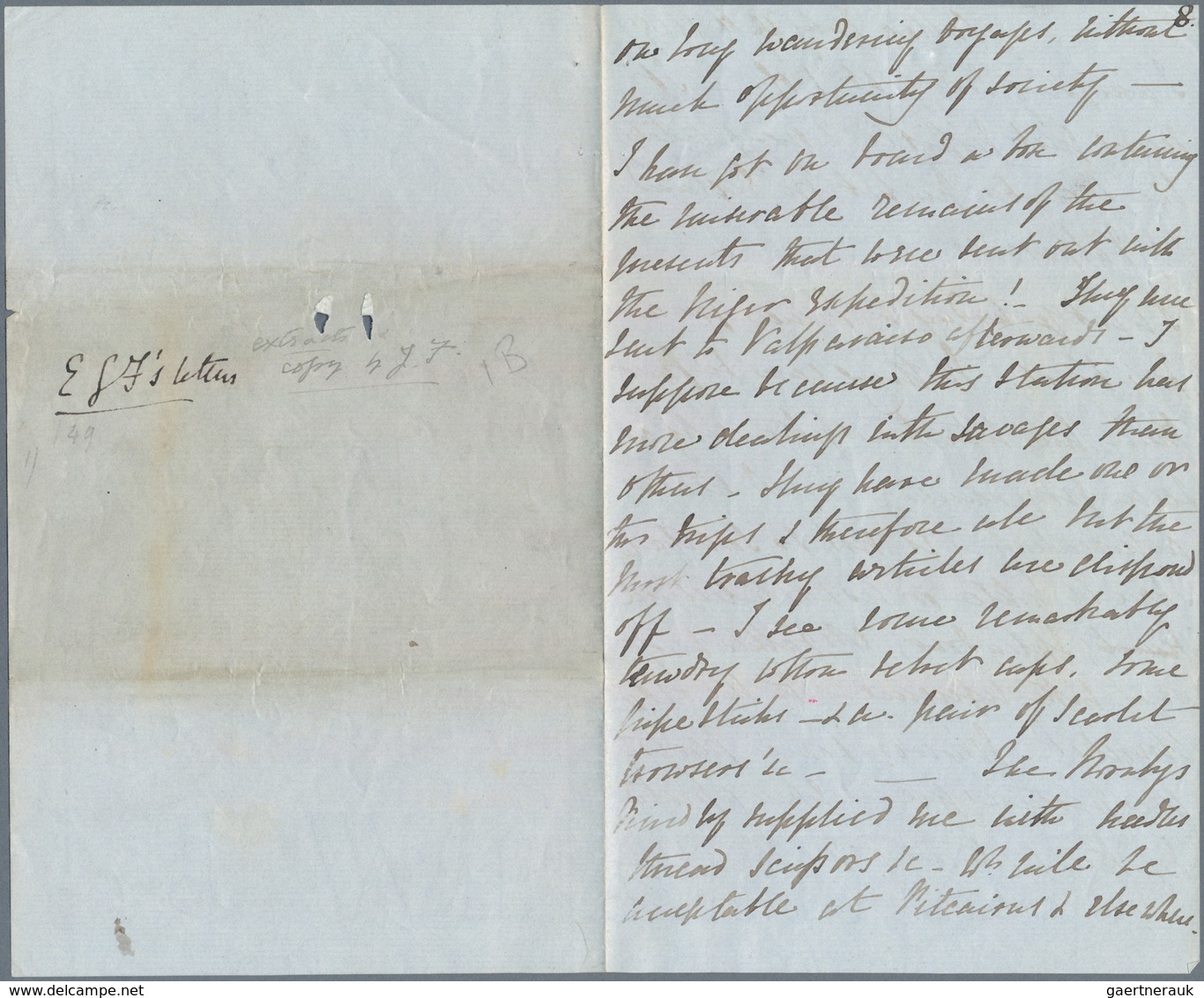 Falklandinseln: 1849, Eight envelope-content double pages written from the Captain Fanshawe, Command