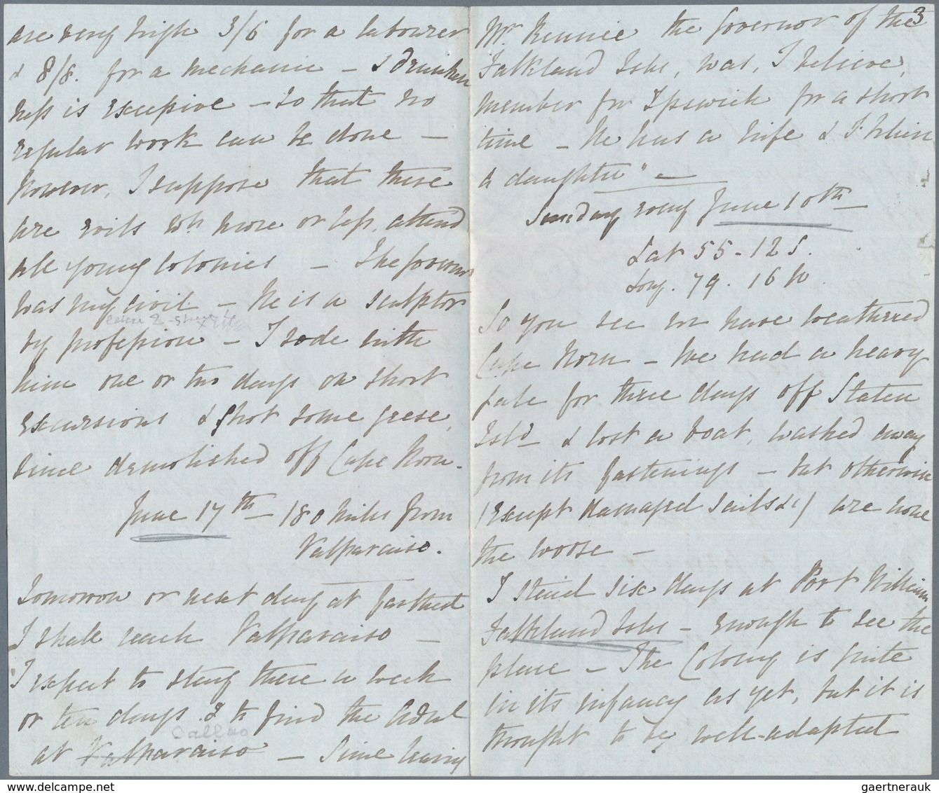 Falklandinseln: 1849, Eight envelope-content double pages written from the Captain Fanshawe, Command