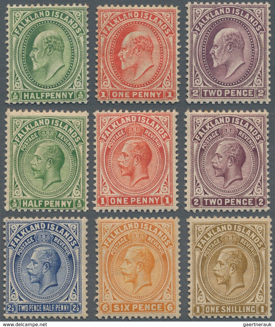 Falklandinseln: King Edward VII 1/2d, 1d, 2d Lightly Mounted Mint And King George V Wmk Mult Crown C - Falklandeilanden