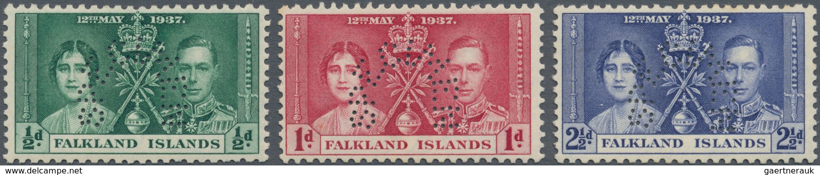 Falklandinseln: 1937, Coronation Issue Perforated 'SPECIMEN' Complete Set Of Three, Mint Hinged And - Falklandeilanden