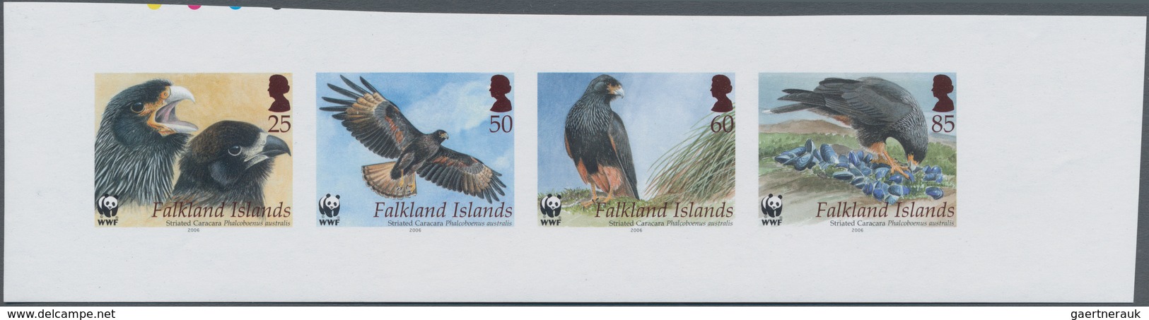 Falklandinseln: 2006, Birds Of Prey, IMPERFORATE Proof Se-tenant Strip Of Four, Mint Never Hinged. - Falklandeilanden
