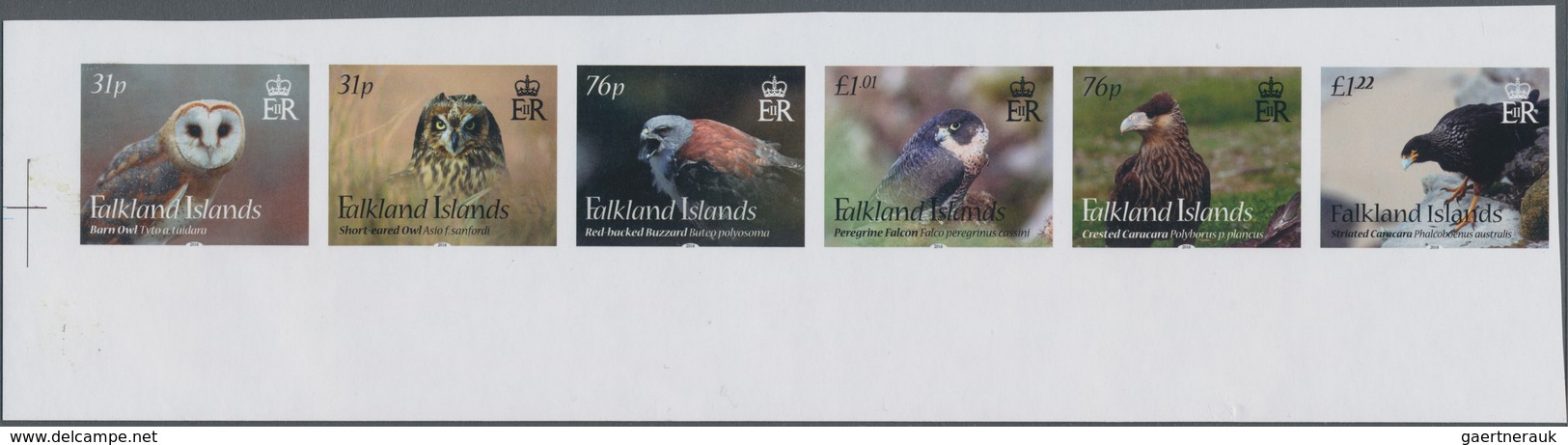 Falklandinseln: 2016, Birds Of Prey, IMPERFORATE Proof Strip Of Six, Mint Never Hinged. - Falkland Islands